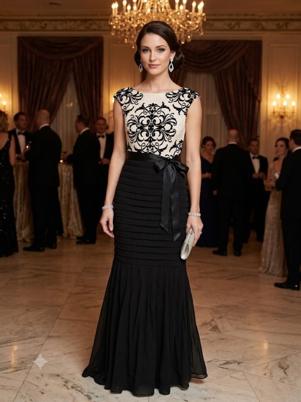 Betsy & Adam Black Lace-Appliqué Evening Dress